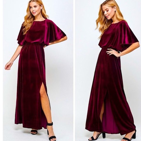 Burgundy Velvet Caped Flutter Sleeve Formal Maxi Dress - Picture 3 of 4